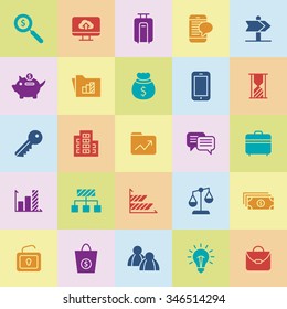 A set of vector icon graphic for business, finance, office, company, magnifier, cloud, luggage, mobile, chat, direction, coin bank, pig, folder, money, key, sand timer, building, messenger, graph,