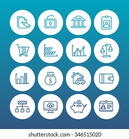 A set of vector icon graphic for business, finance, office, company, stock, graph, document, paper, money, real, estate, employee card, bank, diagram, credit, lock, cloud, cart, wallet, pig,