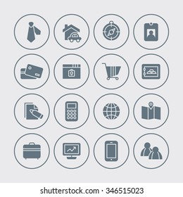 A set of vector icon graphic for business, finance, office, company, stock, global, network, money, safe, security, mobile, phone, people, tour, compass, house, card, computer, graph, map,
