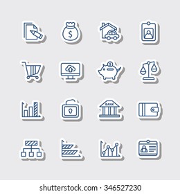 A set of vector icon graphic for business, finance, office, company, stock, graph, document, paper, money, real, estate, employee card, bank, diagram, credit, lock, cloud, cart, wallet, pig,