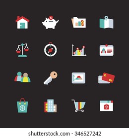 A set of vector icon graphic for business, finance, office, company, stock, bag, money, building, cart, lock, member, people, network, key, gold, safety, credit, card, scale, balances, compass, graph,