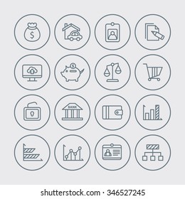 A set of vector icon graphic for business, finance, office, company, stock, graph, document, paper, money, real, estate, employee card, bank, diagram, credit, lock, cloud, cart, wallet, pig,