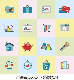 A set of vector icon graphic for business, finance, office, company, stock, bag, money, building, cart, lock, member, people, network, key, gold, safety, credit, card, scale, balances, compass, graph,