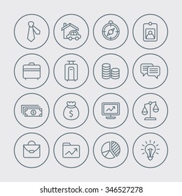 A set of vector icon graphic for business, finance, office, company, employee card, money, dollar, compass, chat, talk, messenger, bag, folder, scale, balances, necktie, real estate, monitor, graph,