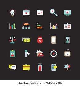 A set of vector icon graphic for business, finance, office, company, stock, talk, messenger, luggage, mobile, direction, scale, balances, money, dollar, pocket, mobile, phone, sand timer, bulb, bag,