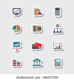 A set of vector icon graphic for business, finance, office, company, stock, monitor, document, calculator, pie, graph, wallet, network, chart, presentation, card, credit, stick, bank, diary, household