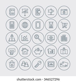 A set of vector icon graphic for business, finance, office, company, stock, dollar, bag, graph, magnifier, cloud, monitor, card, credit, book, account, house, pig, coin, bank, folder, lock, security,