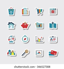A set of vector icon graphic for business, finance, office, company, stock, bag, money, building, cart, lock, member, people, network, key, gold, safety, credit, card, scale, balances, compass, graph,