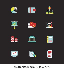 A set of vector icon graphic for business, finance, office, company, stock, monitor, document, calculator, pie, graph, wallet, network, chart, presentation, card, credit, stick, bank, diary, household