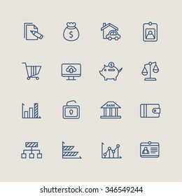 A set of vector icon graphic for business, finance, office, company, stock, graph, document, paper, money, real, estate, employee card, bank, diagram, credit, lock, cloud, cart, wallet, pig,