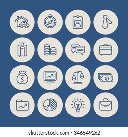A set of vector icon graphic for business, finance, office, company, employee card, money, dollar, compass, chat, talk, messenger, bag, folder, scale, balances, necktie, real estate, monitor, graph,