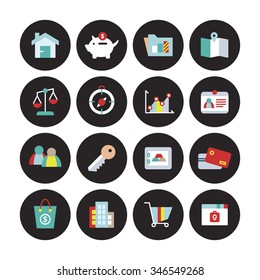 A set of vector icon graphic for business, finance, office, company, stock, bag, money, building, cart, lock, member, people, network, key, gold, safety, credit, card, scale, balances, compass, graph,