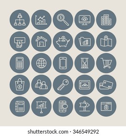 A set of vector icon graphic for business, finance, office, company, stock, dollar, bag, graph, magnifier, cloud, monitor, card, credit, book, account, house, pig, coin, bank, folder, lock, security,