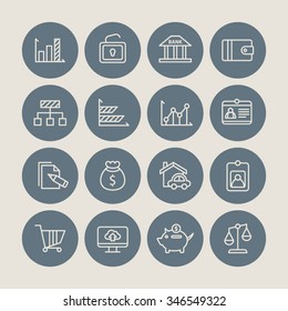 A set of vector icon graphic for business, finance, office, company, stock, graph, document, paper, money, real, estate, employee card, bank, diagram, credit, lock, cloud, cart, wallet, pig,