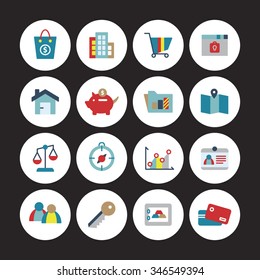 A set of vector icon graphic for business, finance, office, company, stock, bag, money, building, cart, lock, member, people, network, key, gold, safety, credit, card, scale, balances, compass, graph,