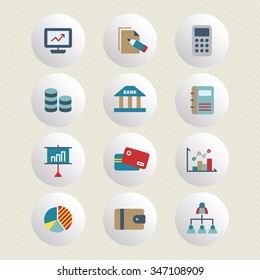 A set of vector icon graphic for business, finance, office, company, stock, monitor, document, calculator, pie, graph, wallet, network, chart, presentation, card, credit, stick, bank, diary, household