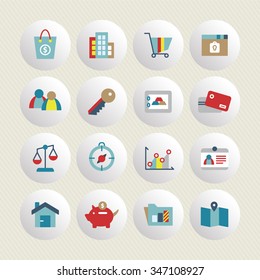 A set of vector icon graphic for business, finance, office, company, stock, bag, money, building, cart, lock, member, people, network, key, gold, safety, credit, card, scale, balances, compass, graph,