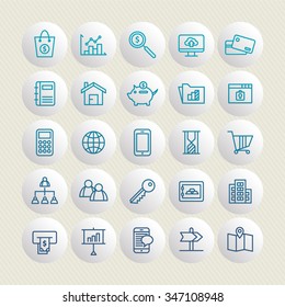 A set of vector icon graphic for business, finance, office, company, stock, dollar, bag, graph, magnifier, cloud, monitor, card, credit, book, account, house, pig, coin, bank, folder, lock, security,