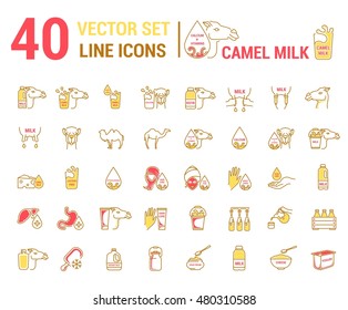 Set vector icon graphic thin outline in a linear design. Element emblem symbols. camel's milk. Organic product. Milk cosmetics for hand care, hair care, treatment liver and body