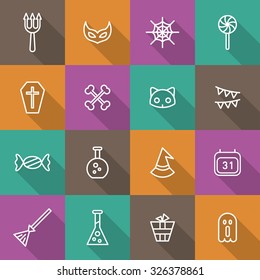 A set of vector icon for Halloween day. ghost, experiment equipment, gift, box, broom, flag, bone, cat, casket, coffin, calendar, witch, hat, candy, mask, web, trident.