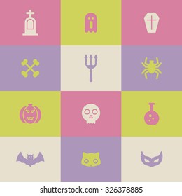A set of vector icon for Halloween day. ghost, experiment equipment, bone, cat, casket, coffin, bat, tomb, grave, mask, pumpkin, trident, spider.