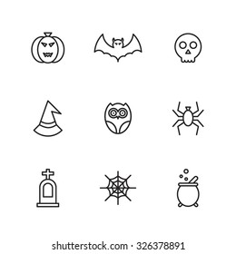 A set of vector icon for Halloween day. web, experiment equipment, skull, witch, hat, spider, owl, grave, tomb, pumpkin, bat.