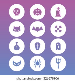 A set of vector icon for Halloween day. ghost, experiment equipment, bone, cat, casket, coffin, bat, tomb, grave, mask, pumpkin, trident, spider.