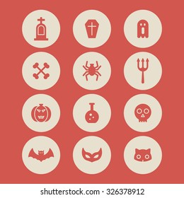 A set of vector icon for Halloween day. ghost, experiment equipment, bone, cat, casket, coffin, bat, tomb, grave, mask, pumpkin, trident, spider.