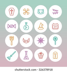 A set of vector icon for Halloween day. ghost, experiment equipment, gift, box, broom, flag, bone, cat, casket, coffin, calendar, witch, hat, candy, mask, web, trident.