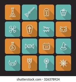 A set of vector icon for Halloween day. ghost, experiment equipment, gift, box, broom, flag, bone, cat, casket, coffin, calendar, witch, hat, candy, mask, web, trident.