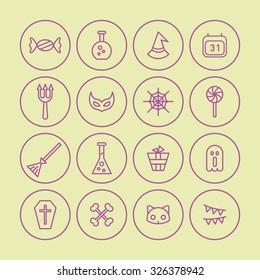 A set of vector icon for Halloween day. ghost, experiment equipment, gift, box, broom, flag, bone, cat, casket, coffin, calendar, witch, hat, candy, mask, web, trident.