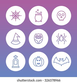 A set of vector icon for Halloween day. web, experiment equipment, skull, witch, hat, spider, owl, grave, tomb, pumpkin, bat.