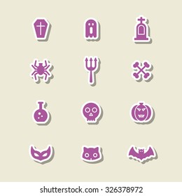 A set of vector icon for Halloween day. ghost, experiment equipment, bone, cat, casket, coffin, bat, tomb, grave, mask, pumpkin, trident, spider.