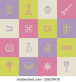 A set of vector icon for Halloween day. ghost, experiment equipment, gift, box, broom, flag, bone, cat, casket, coffin, calendar, witch, hat, candy, mask, web, trident.