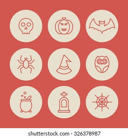 A set of vector icon for Halloween day. web, experiment equipment, skull, witch, hat, spider, owl, grave, tomb, pumpkin, bat.