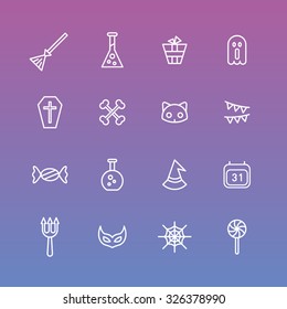 A set of vector icon for Halloween day. ghost, experiment equipment, gift, box, broom, flag, bone, cat, casket, coffin, calendar, witch, hat, candy, mask, web, trident.