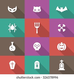 A set of vector icon for Halloween day. ghost, experiment equipment, bone, cat, casket, coffin, bat, tomb, grave, mask, pumpkin, trident, spider.