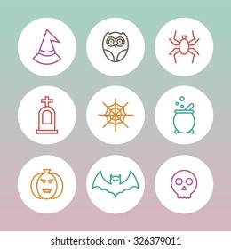 A set of vector icon for Halloween day. web, experiment equipment, skull, witch, hat, spider, owl, grave, tomb, pumpkin, bat.