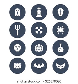 A set of vector icon for Halloween day. ghost, experiment equipment, bone, cat, casket, coffin, bat, tomb, grave, mask, pumpkin, trident, spider.