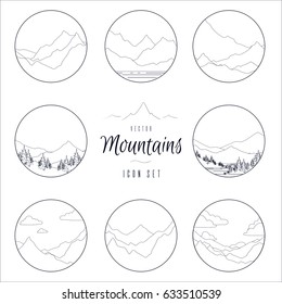 set of vector icon with hand drawn outline mountain landscape