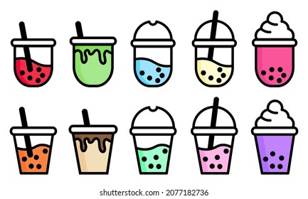 Set vector icon illustration of boba or bubble milk tea with different flavors. Colorful flat design vector. 