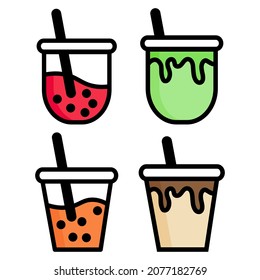 Set vector icon illustration of boba or bubble milk tea with different flavors. Colorful flat design vector. 