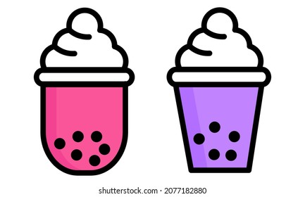 Set vector icon illustration of boba or bubble milk tea with different flavors. Colorful flat design vector. 