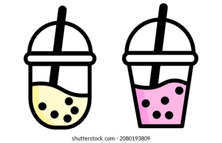 Set vector icon illustration of boba or bubble milk tea with different flavors. Colorful flat design vector. 