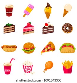 Set of Vector icon illustration of fast food with burger, hot dog, sandwiches, hamburger, coffee, pizza, French fries, donuts, chicken isolated, ice cream on white background.