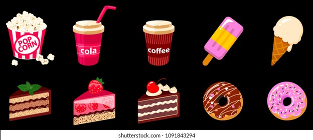 Set of Vector icon illustration of sweet dessert with pop corn, cake, ice cream, coffee, donuts, isolated on black background.