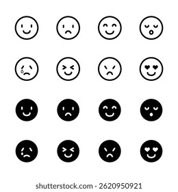A set of vector icon illustrations of emoticons with various facial expressions. A set of 16 icon illustrations including smiley, angry, sad, liking, etc.