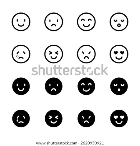 A set of vector icon illustrations of emoticons with various facial expressions. A set of 16 icon illustrations including smiley, angry, sad, liking, etc.