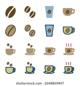 A set of vector icon illustrations related to coffee. A set of 16 illustrations including coffee beans, hot coffee, and iced coffee.