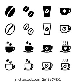 A set of vector icon illustrations related to coffee. A set of 16 illustrations including coffee beans, hot coffee, and iced coffee.
